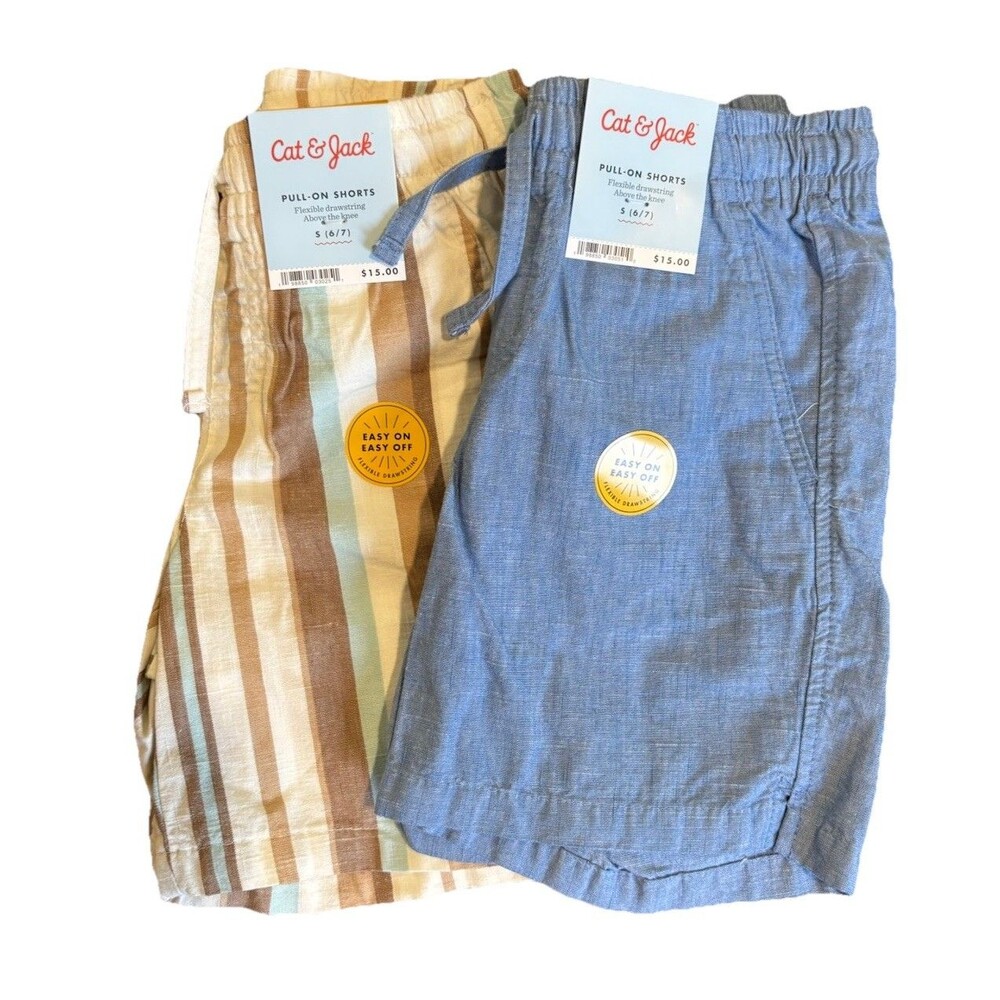 Cat & Jack Boys Pull-On Shorts S (6/7) Blue Striped Beige Brown White Lot of 2
